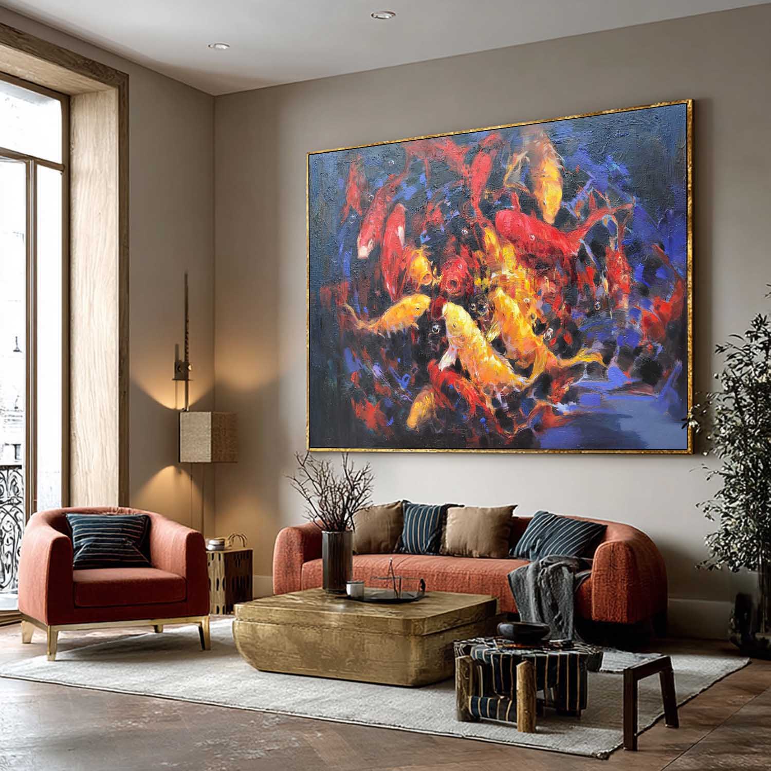 Large Realism Koi Fish Painting Colorful Wall Art Lucky Feng Shui Art