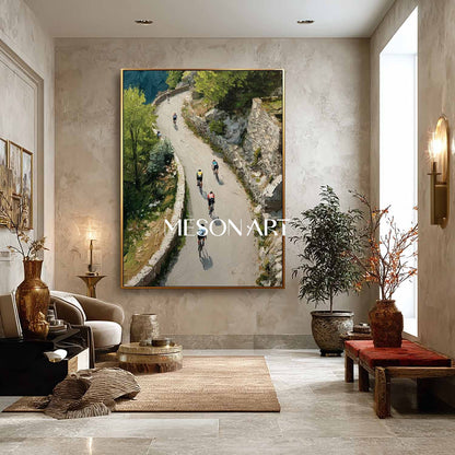 Spring Impasto Green Mountain Cycling Painting Textured Canvas Wall Art