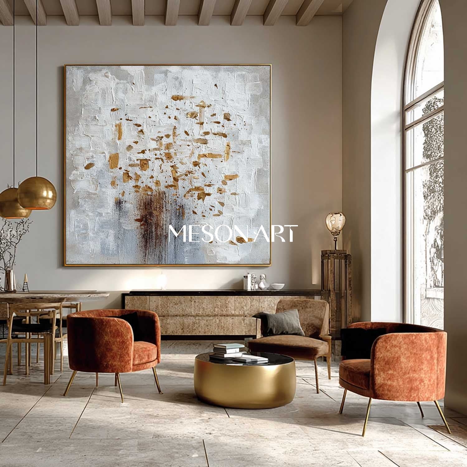 Abstract Canvas Painting White Grey Gold Texture Minimalist Home Decor