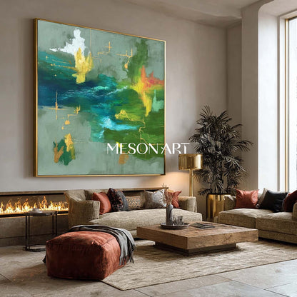 Green Abstract Large Painting Handmade Colorful Wall Art Bathroom