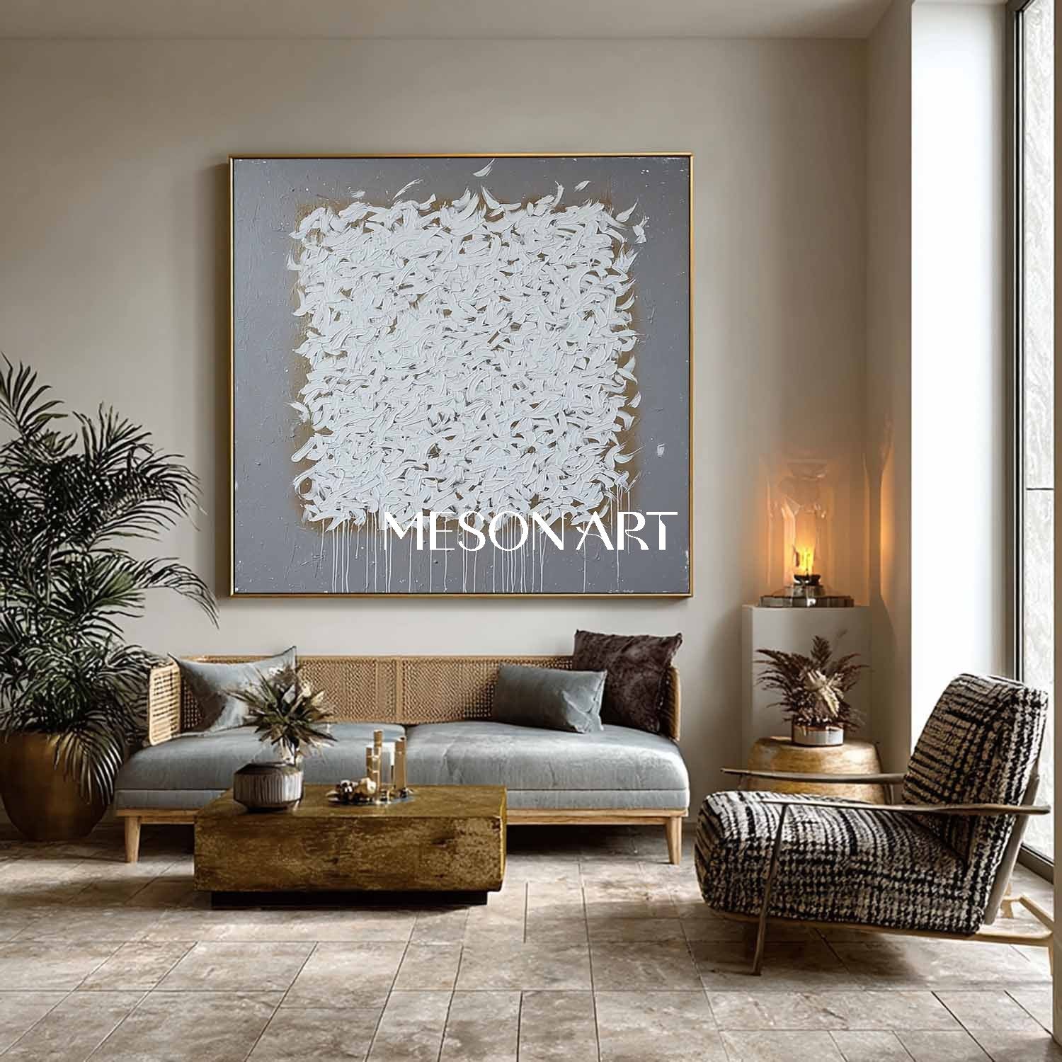 Wabi-Sabi Abstract Oil Painting White Brush Strokes Grey Canvas Art