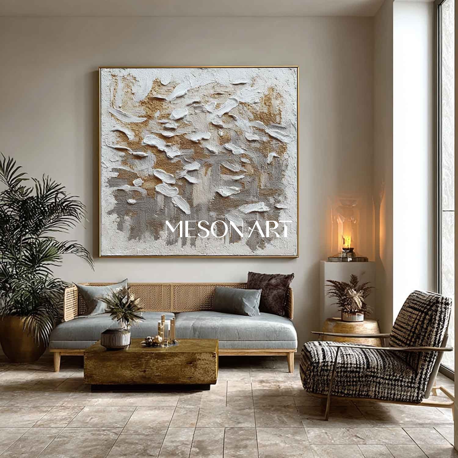 Wabi-Sabi Abstract Art Minimalist Gold Gray White Textured Canvas