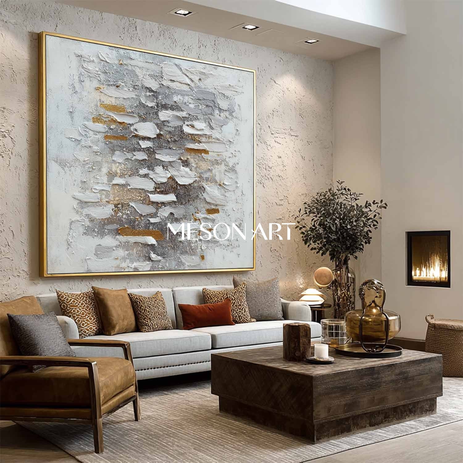 Handmade Abstract Wabi-Sabi Canvas Textured White Grey Gold Wall Art