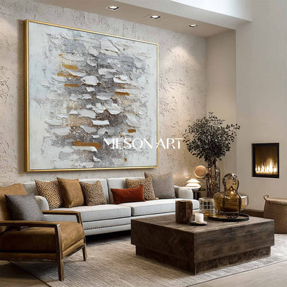 Handmade Abstract Wabi-Sabi Canvas Textured White Grey Gold Wall Art