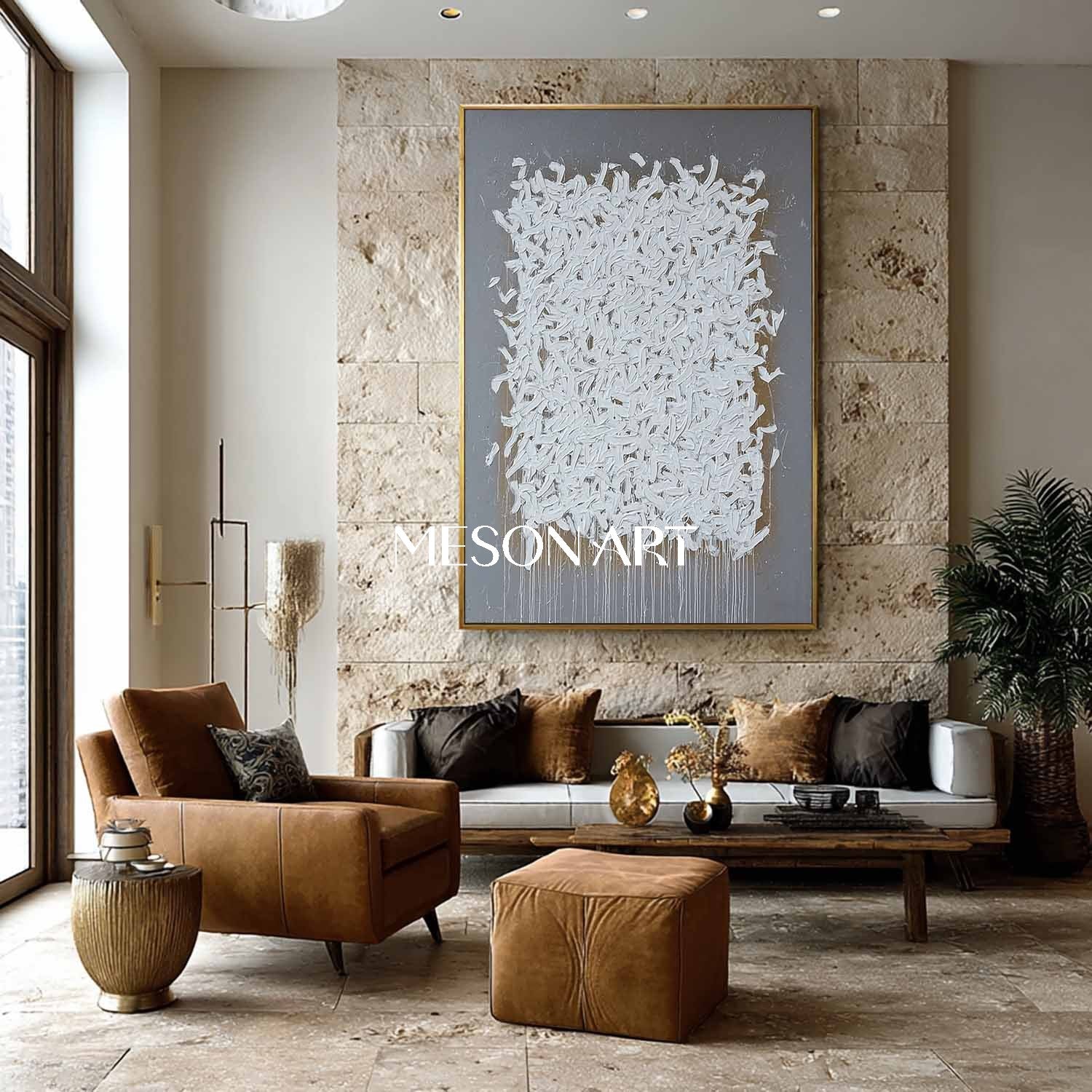 Wabi-Sabi Abstract Painting White Brush Strokes Grey Minimalist Canvas