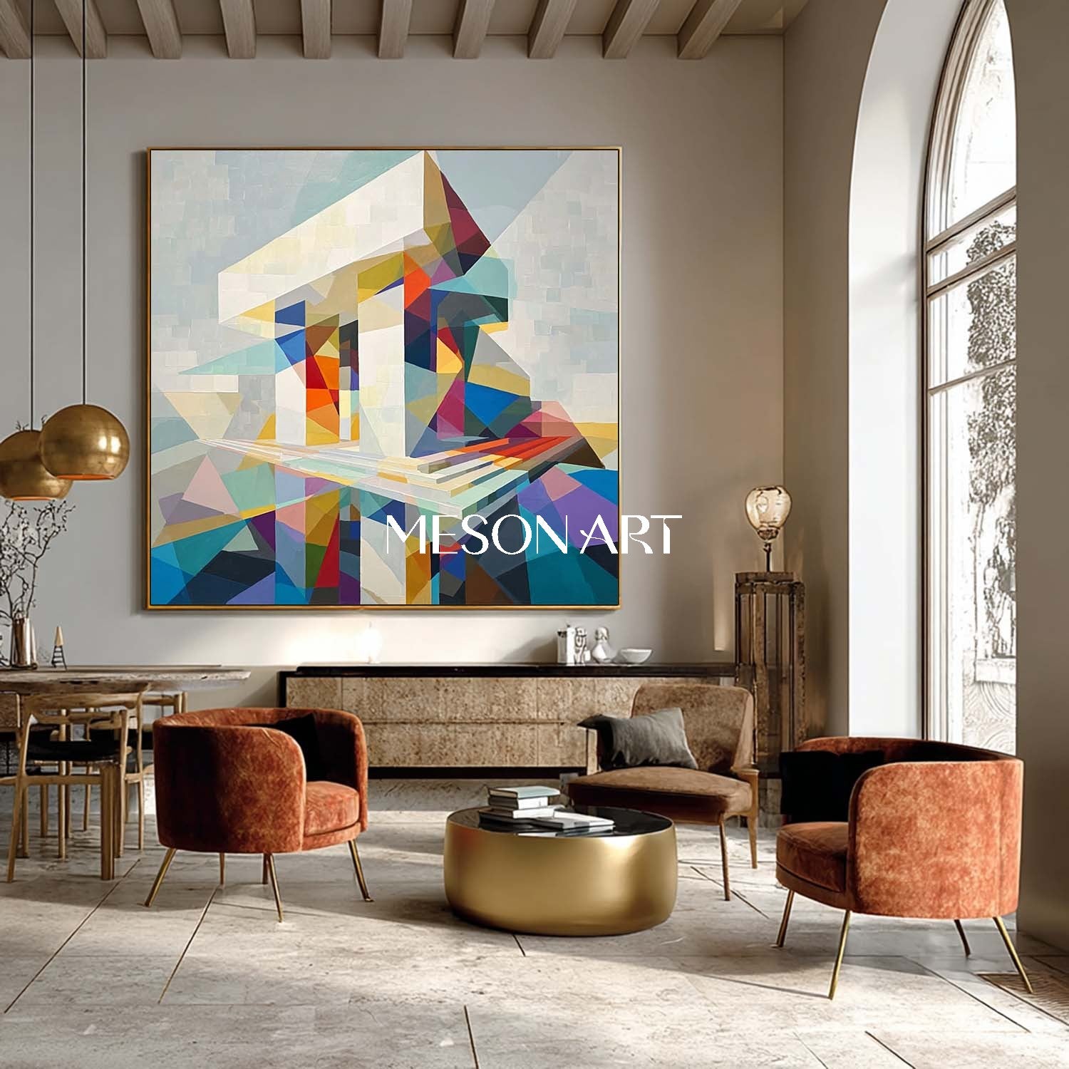 Colorful Geometric Building Wall Art Modern Abstract Structure Office