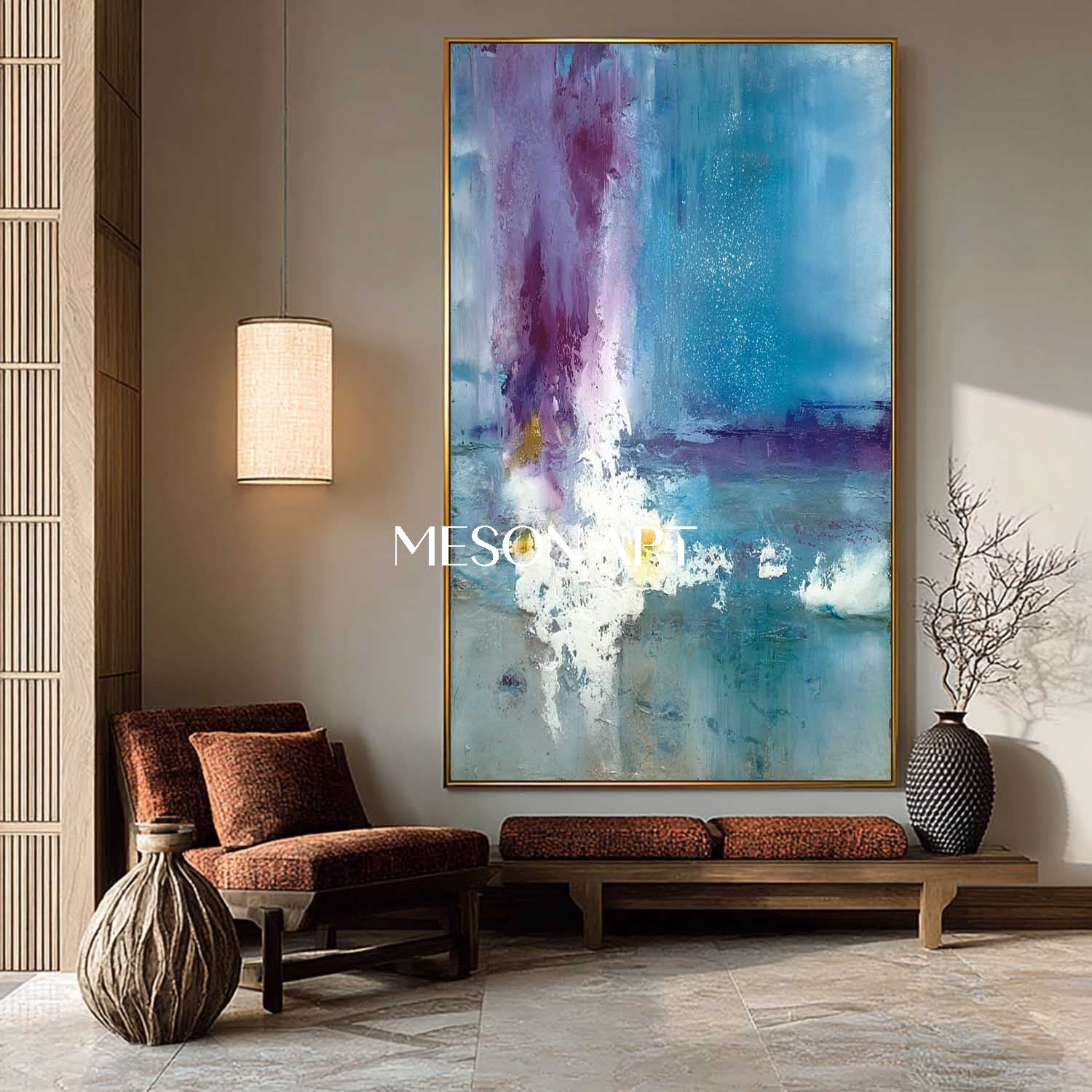 Extra Large Abstract Blue Entrance Wall Art Blue Canvas Painting for Modern Home Décor