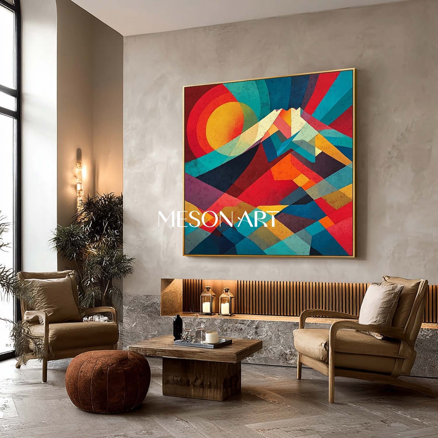 Colorful Geometric Sunrise Landscape Wall Art Abstract Mountain Canvas