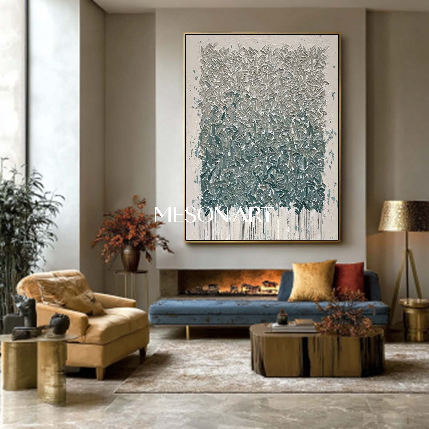 Abstract Expressionism Oil Painting Grey-Blue Green Textured Wall Art