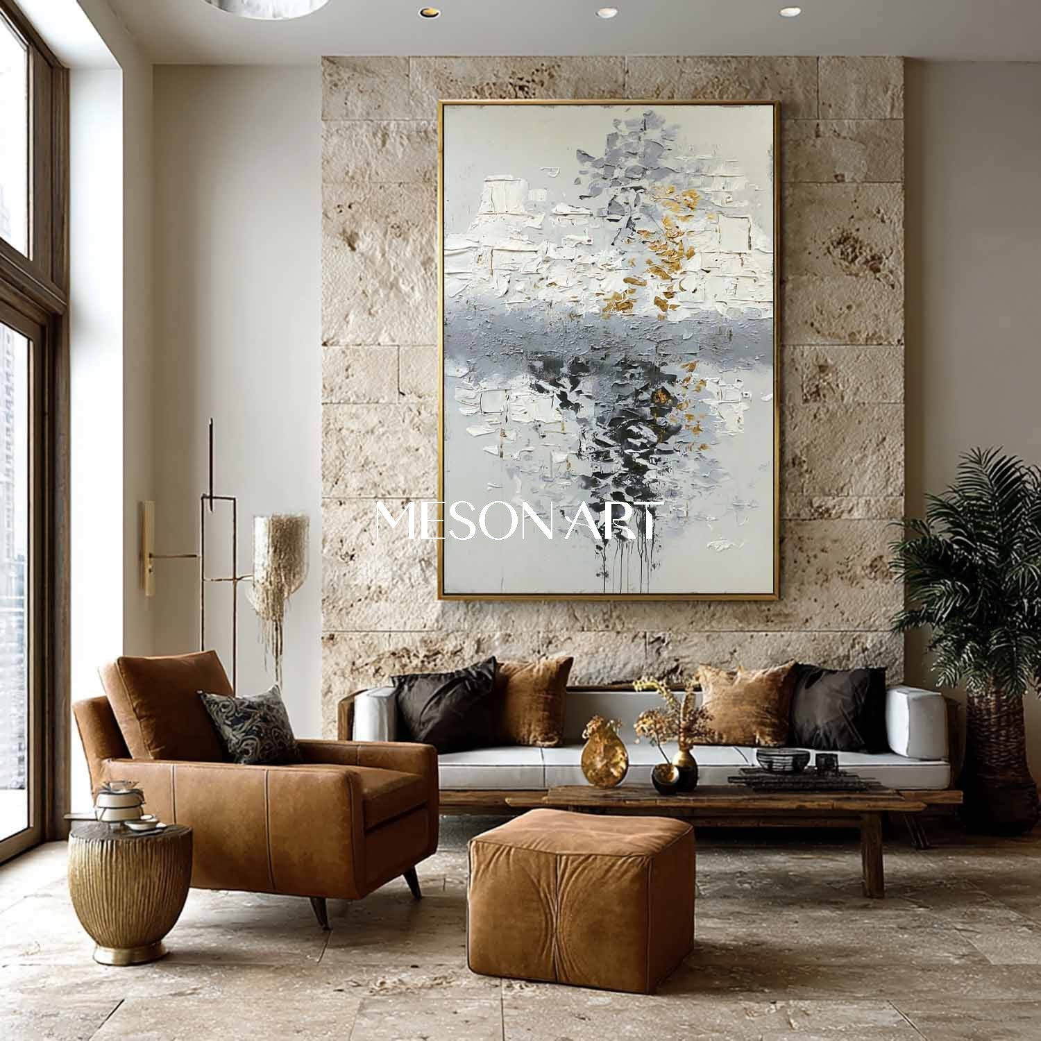 Vertical Abstract Painting Grey White Gold Textured Canvas Wall Decor