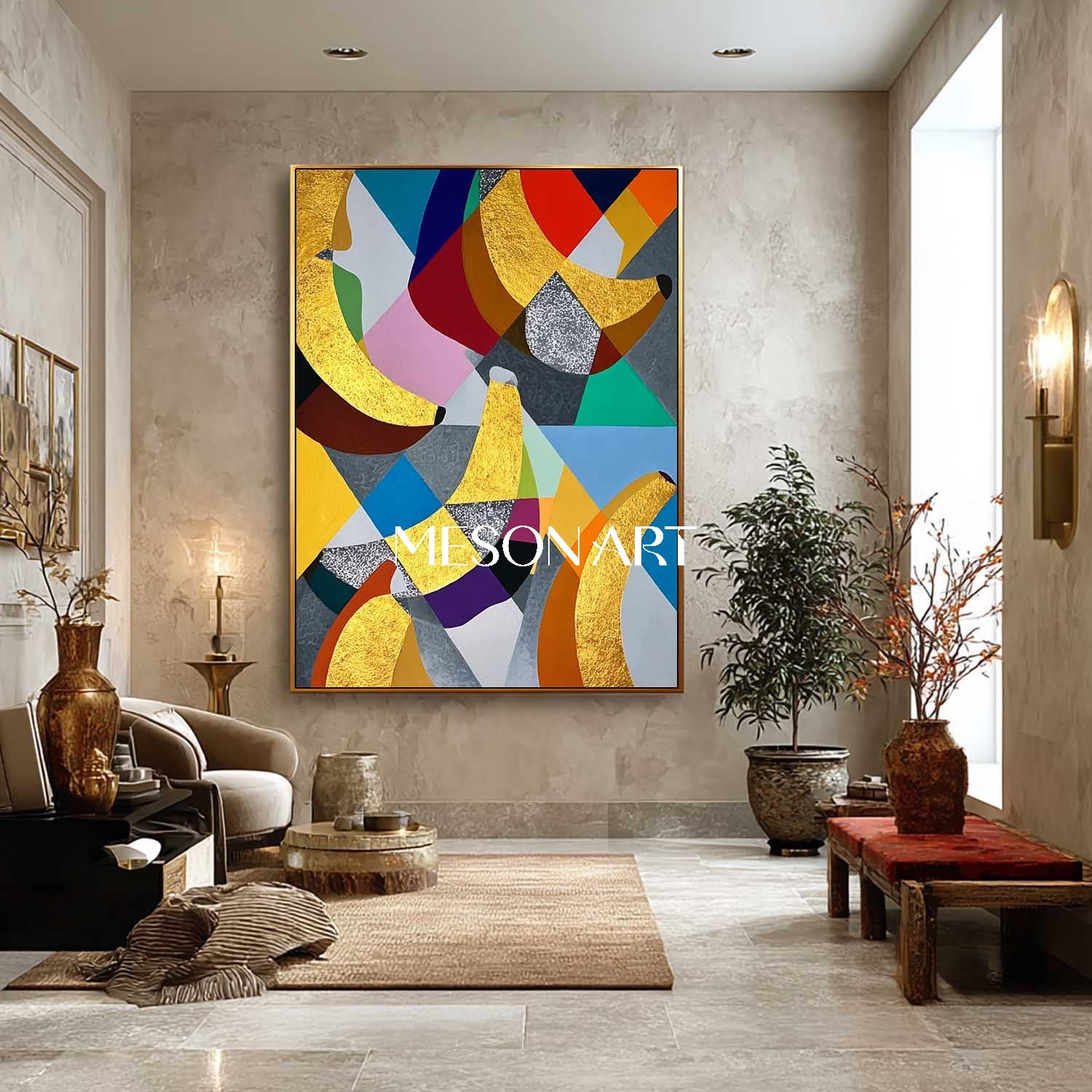 Geometric Gold Banana Pop Art Abstract Oil Painting Modern Wall Decor