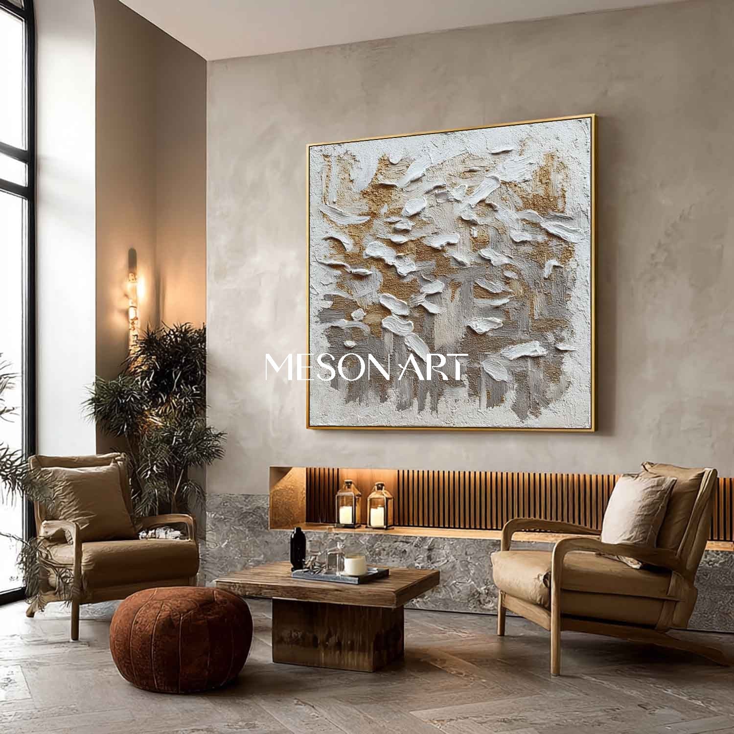 Wabi-Sabi Abstract Art Minimalist Gold Gray White Textured Canvas