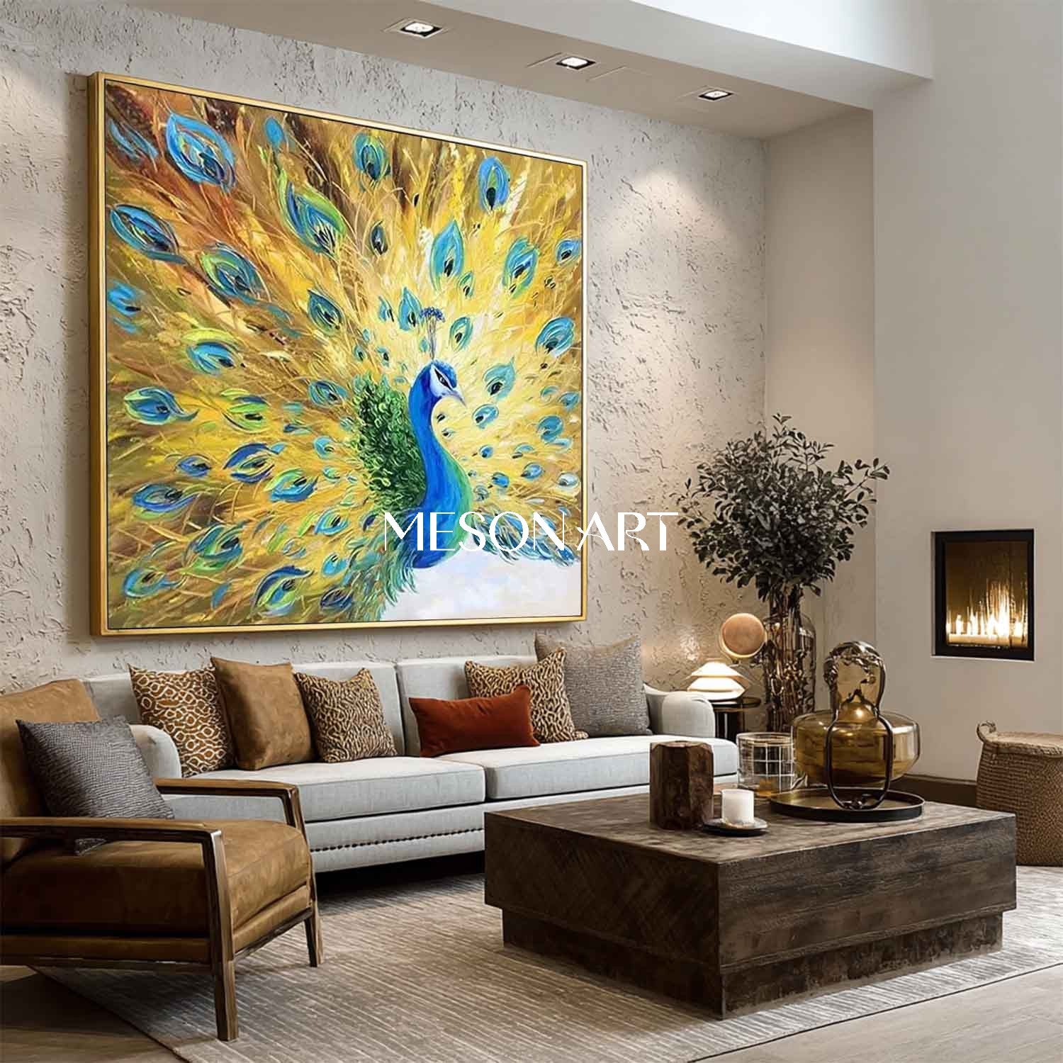 Handmade Modern Luxury Golden Peacock Wall Art Vibrant Canvas Painting