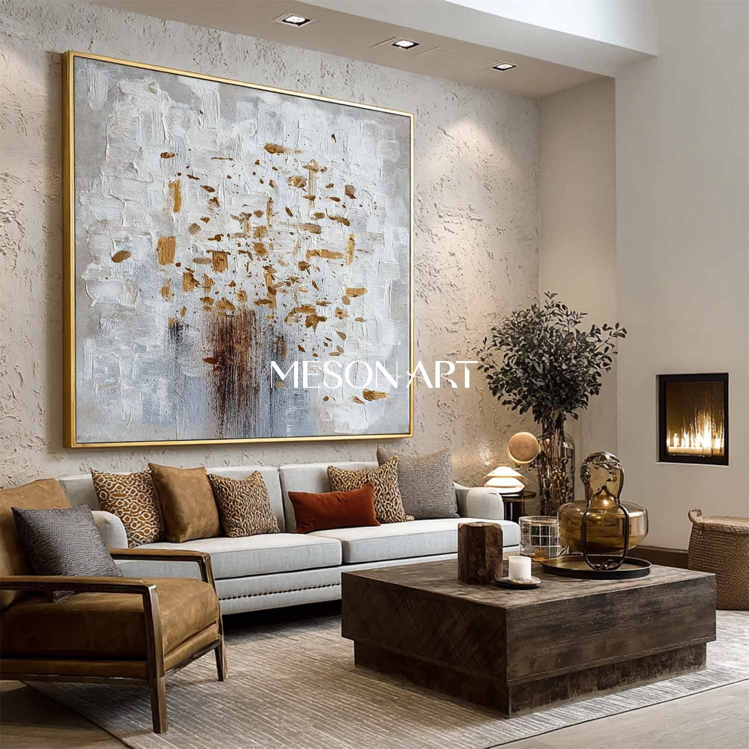 Abstract Canvas Painting White Grey Gold Texture Minimalist Home Decor