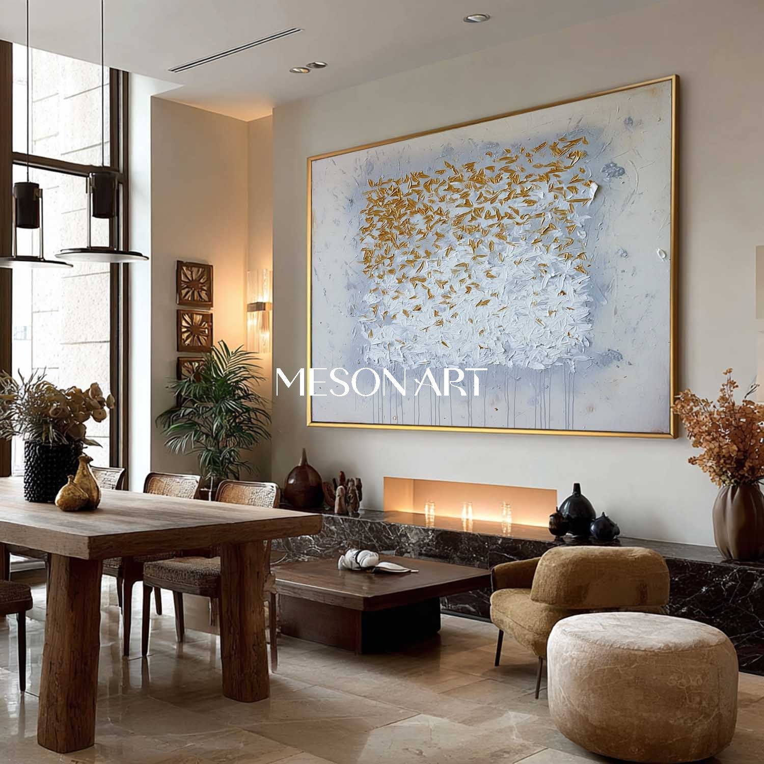 Textured Abstract Painting White and Gold Grey Neutral Canvas Decor