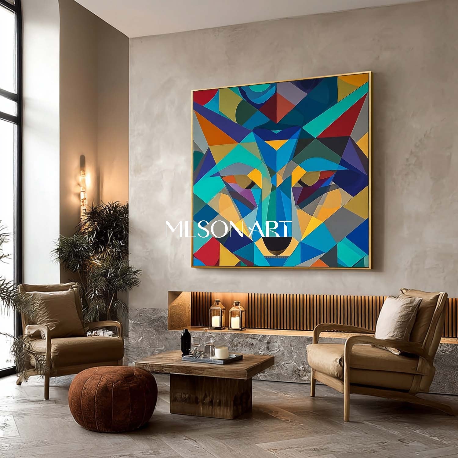 Geometric Wolf Abstract Painting Modern Colorful Animal Wall Art