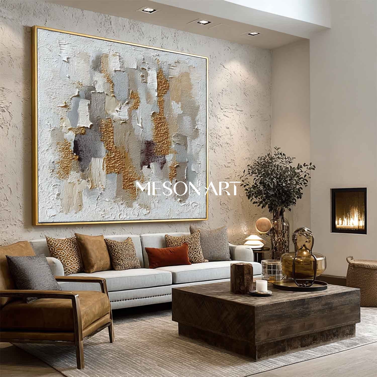 Geometric Abstract Wabi-Sabi Painting Textured White Grey Gold Canvas