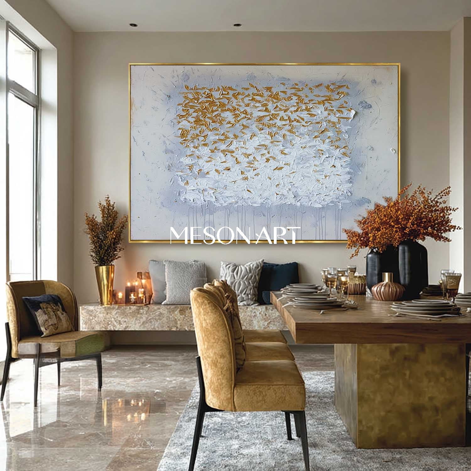 Textured Abstract Painting White and Gold Grey Neutral Canvas Decor