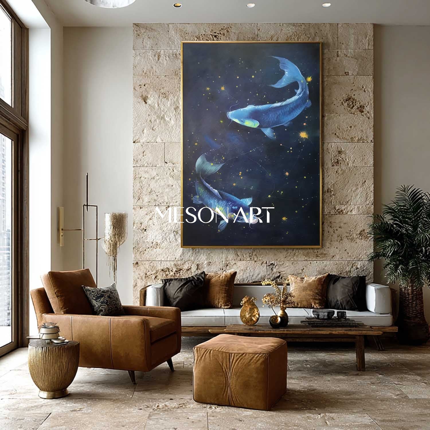 豪華な手描きの青い鯉魚壁アート風水キャンバス絵画 – MesonArt