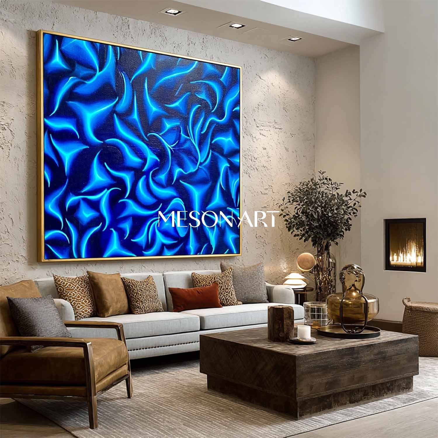 Large Blue Abstract Textured Painting Modern Wall Art for Living Room