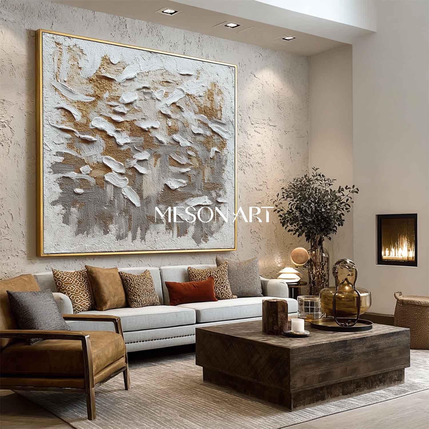 Wabi-Sabi Abstract Art Minimalist Gold Gray White Textured Canvas
