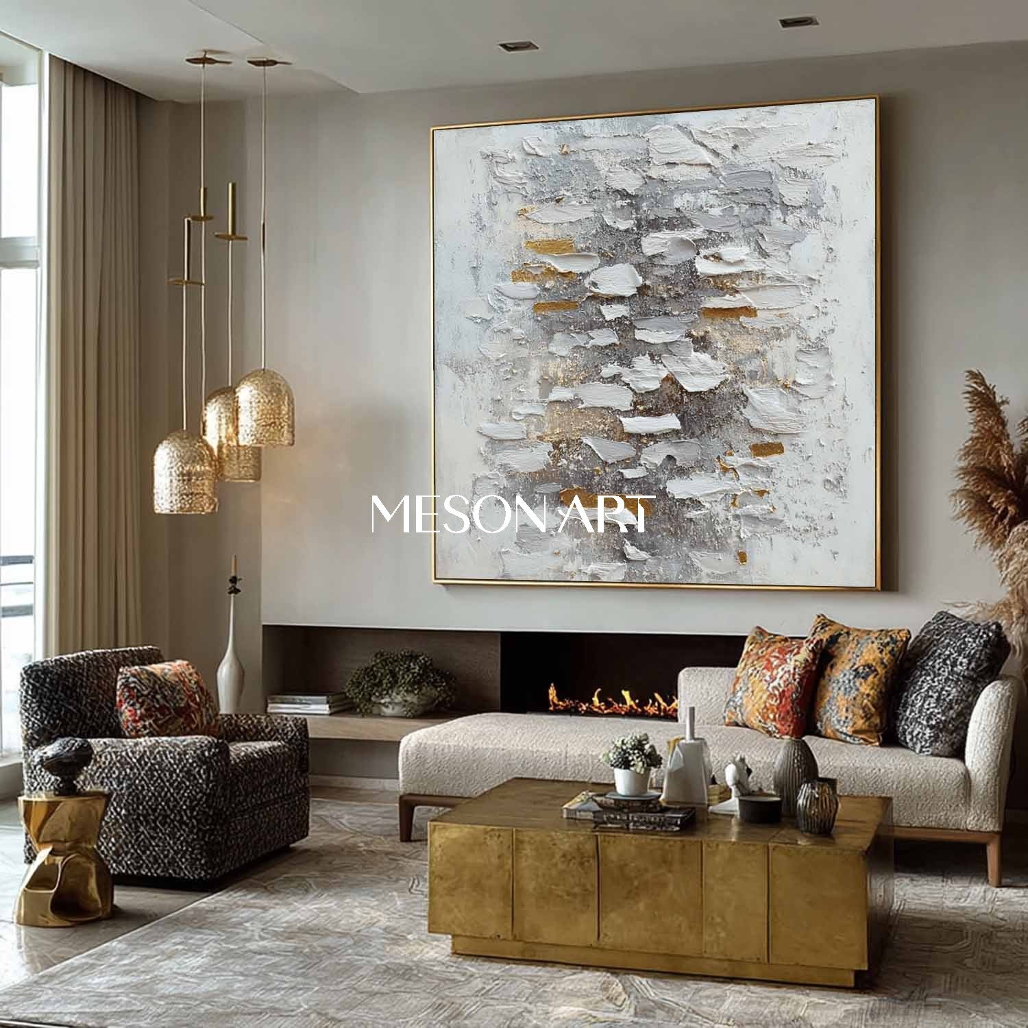 Handmade Abstract Wabi-Sabi Canvas Textured White Grey Gold Wall Art