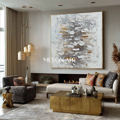 Handmade Abstract Wabi-Sabi Canvas Textured White Grey Gold Wall Art