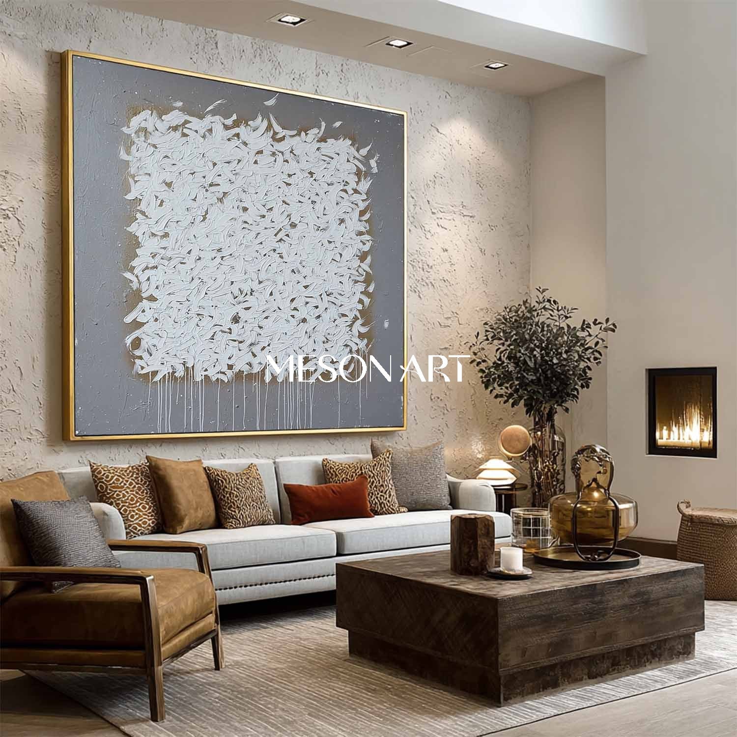 Wabi-Sabi Abstract Oil Painting White Brush Strokes Grey Canvas Art