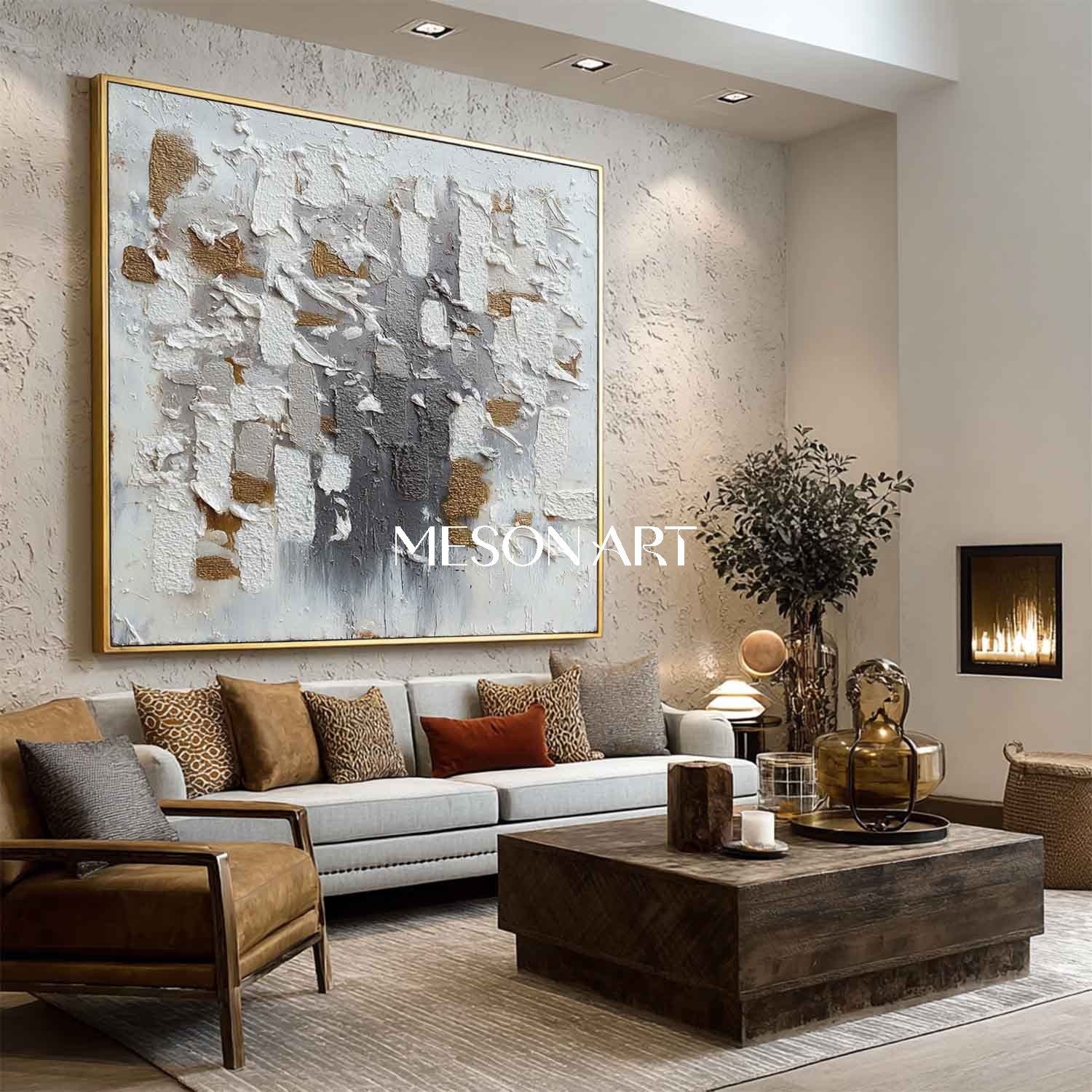 Geometric Abstract Wabi-Sabi Painting Textured White Grey Gold Canvas