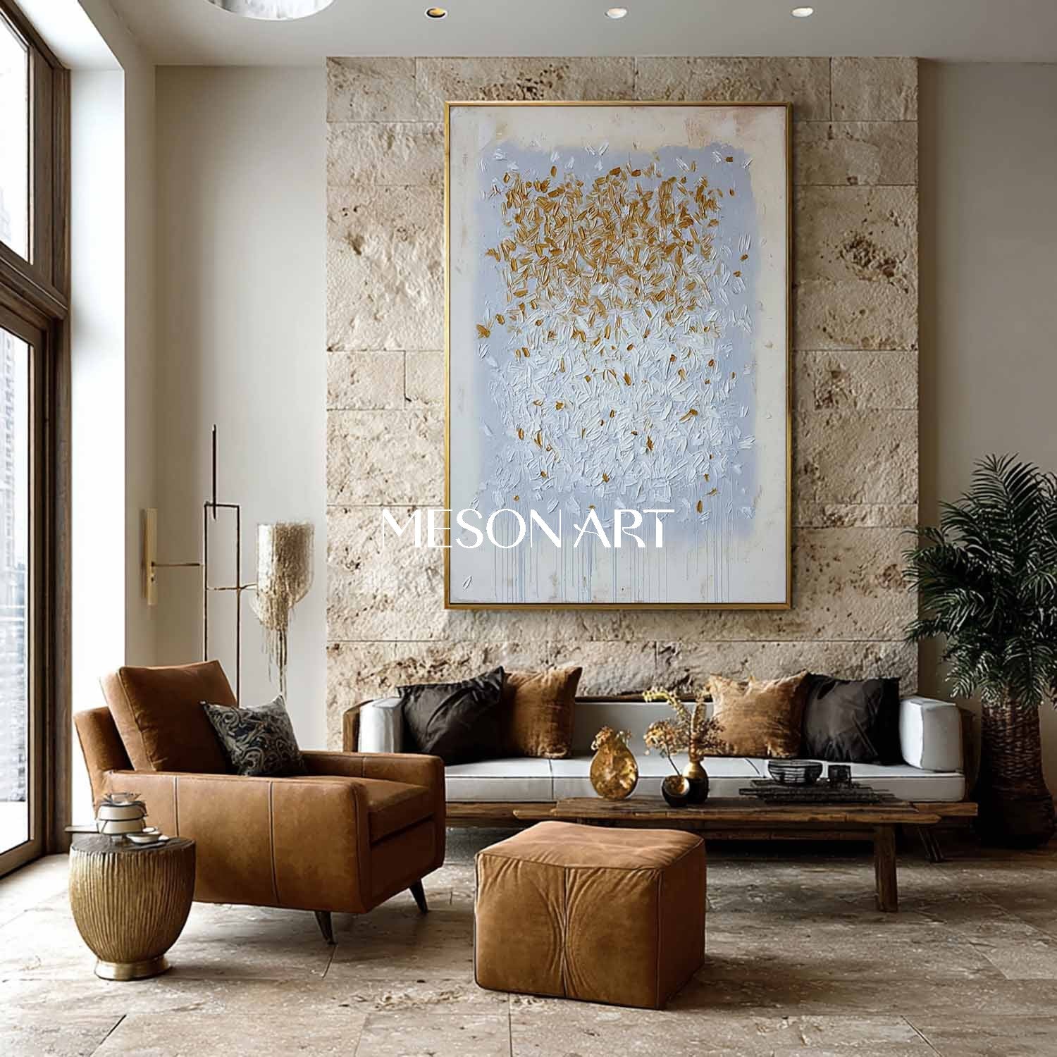 Modern Abstract Oil Painting Grey White Gold Luxury Contemporary Decor
