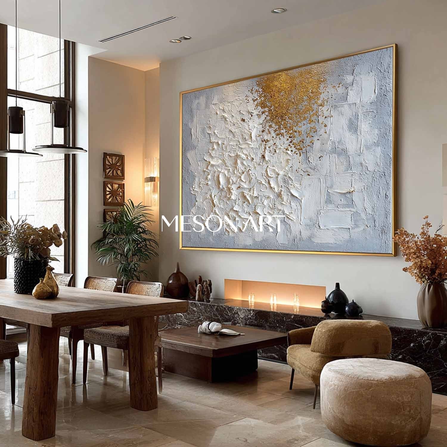 Textured Abstract Painting White and Gold Grey Neutral Canvas Decor