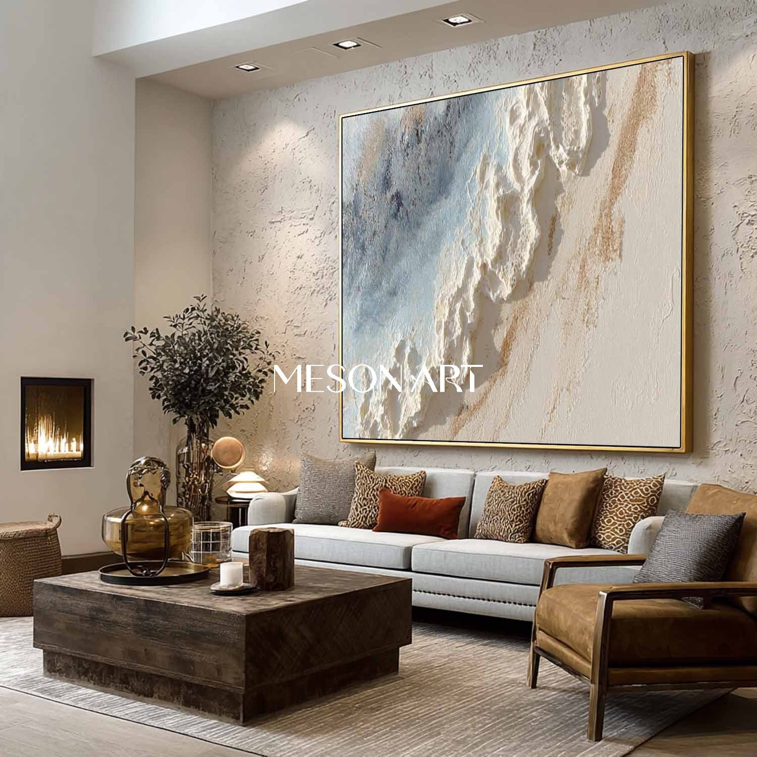 Large 3D Wave Texture Painting on Canvas White Plaster Wall Art
