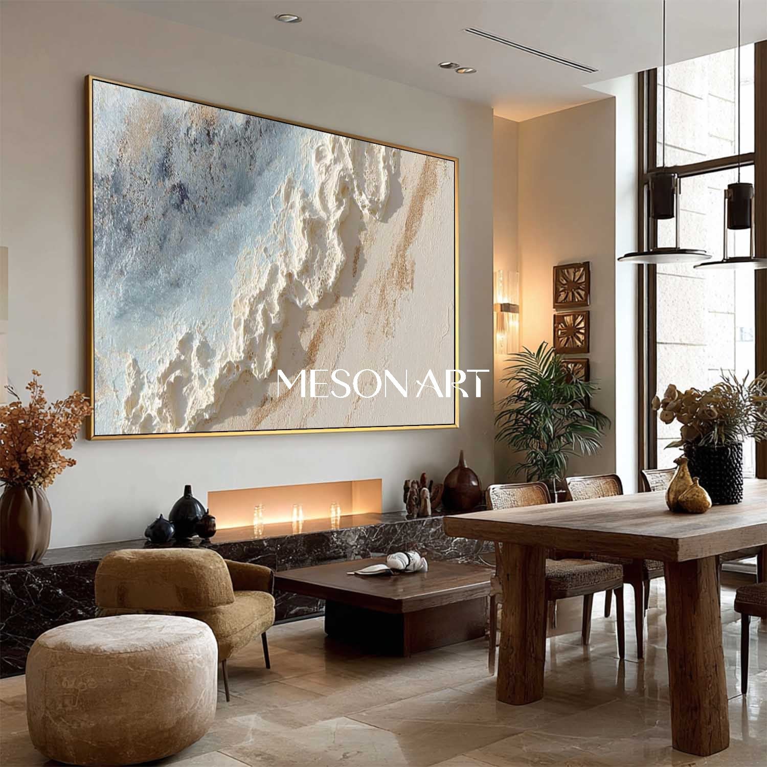 Large 3D Wave Texture Painting on Canvas White Plaster Wall Art