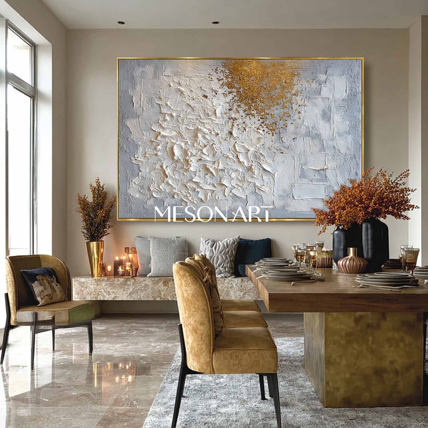 Textured Abstract Painting White and Gold Grey Neutral Canvas Decor