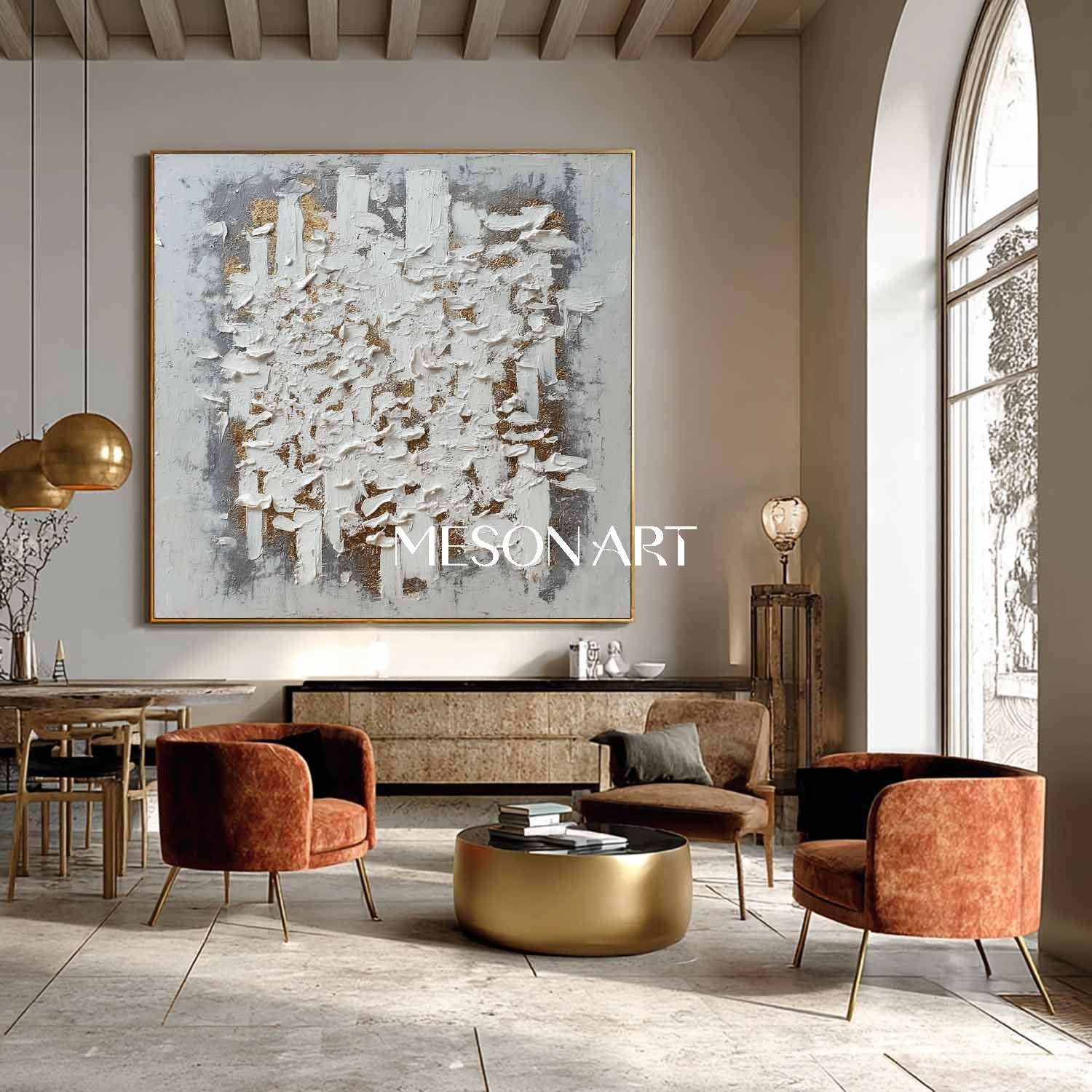 Wabi-Sabi Abstract Painting Textured Canvas White Gold Modern Wall Art