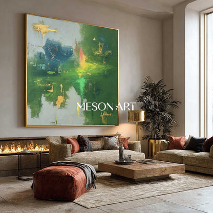 Buy Green Abstract Painting with Gold Accents Modern Square Canvas Art
