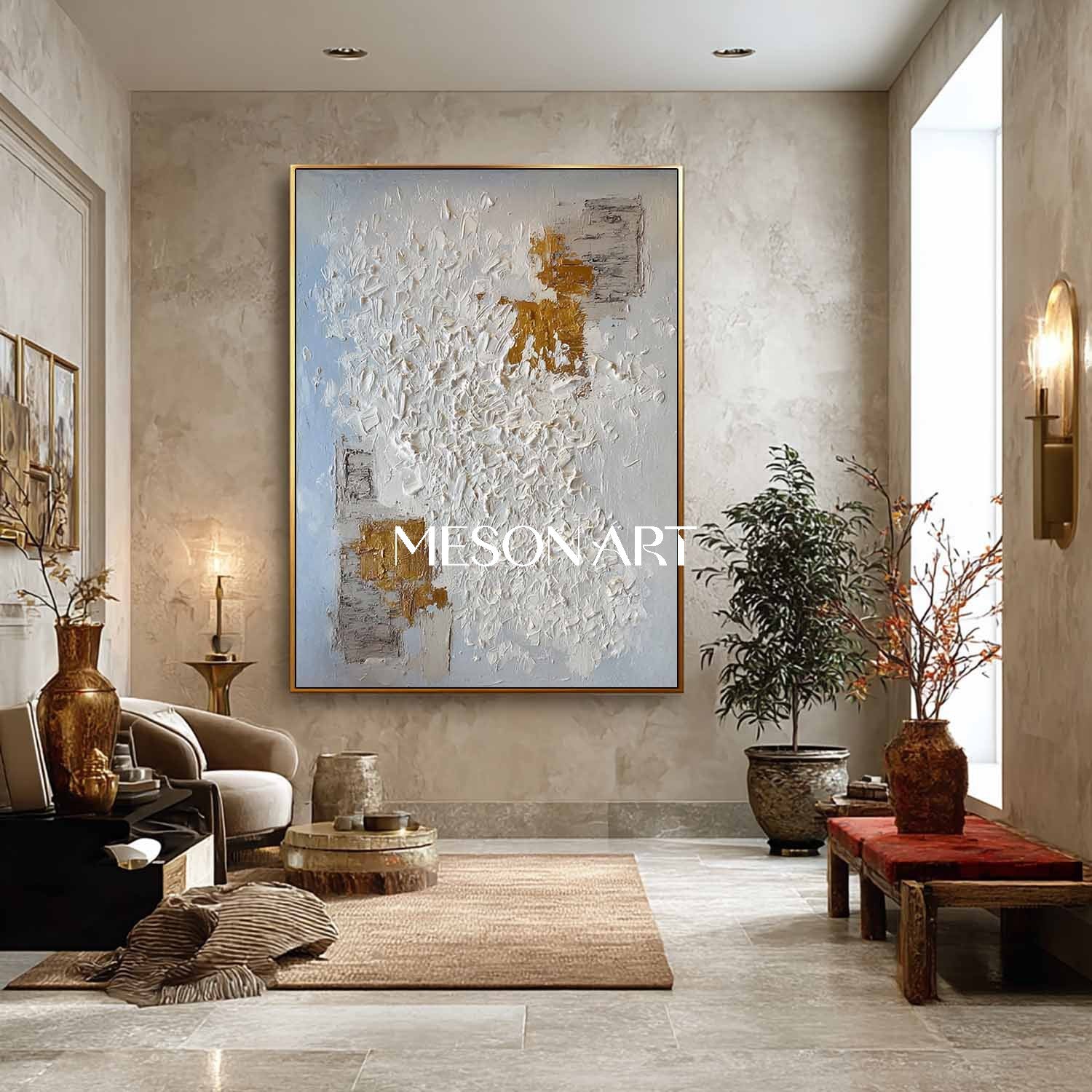Abstract Expressionist Painting White Gold Texture Contemporary Art