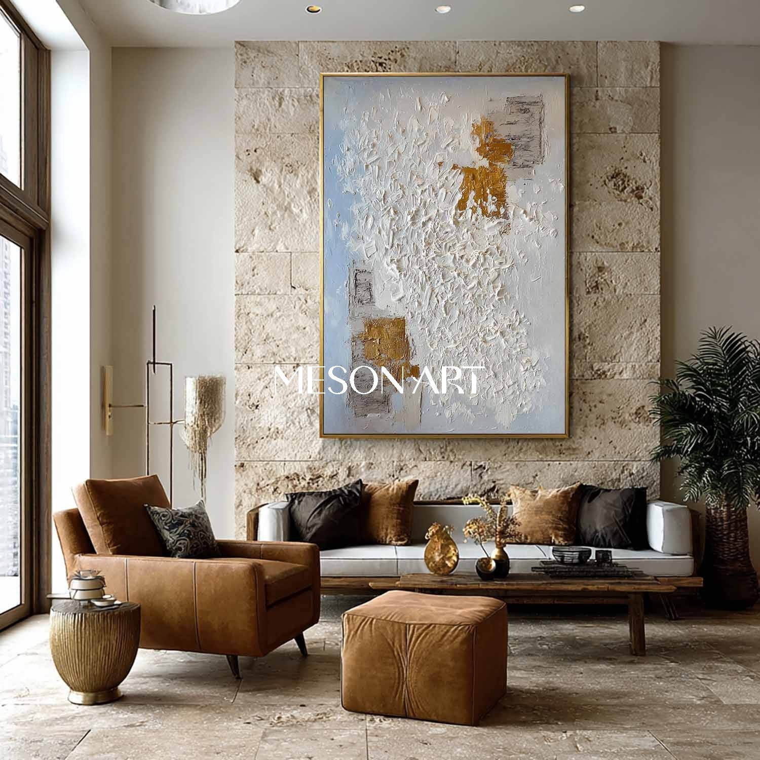 Abstract Expressionist Painting White Gold Texture Contemporary Art