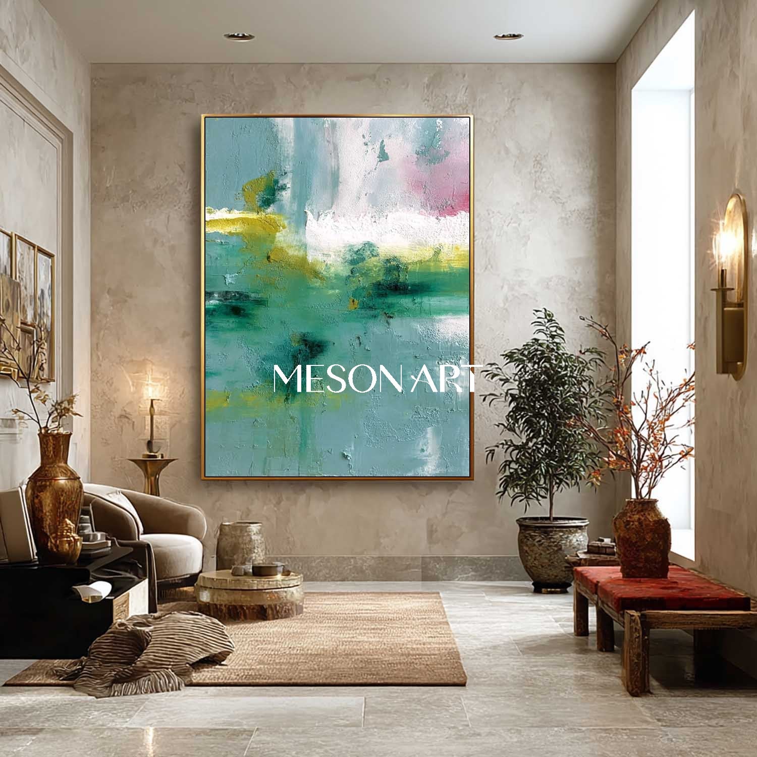 Light Green Abstract Painting Green Wall Art Decor Above the Fireplace