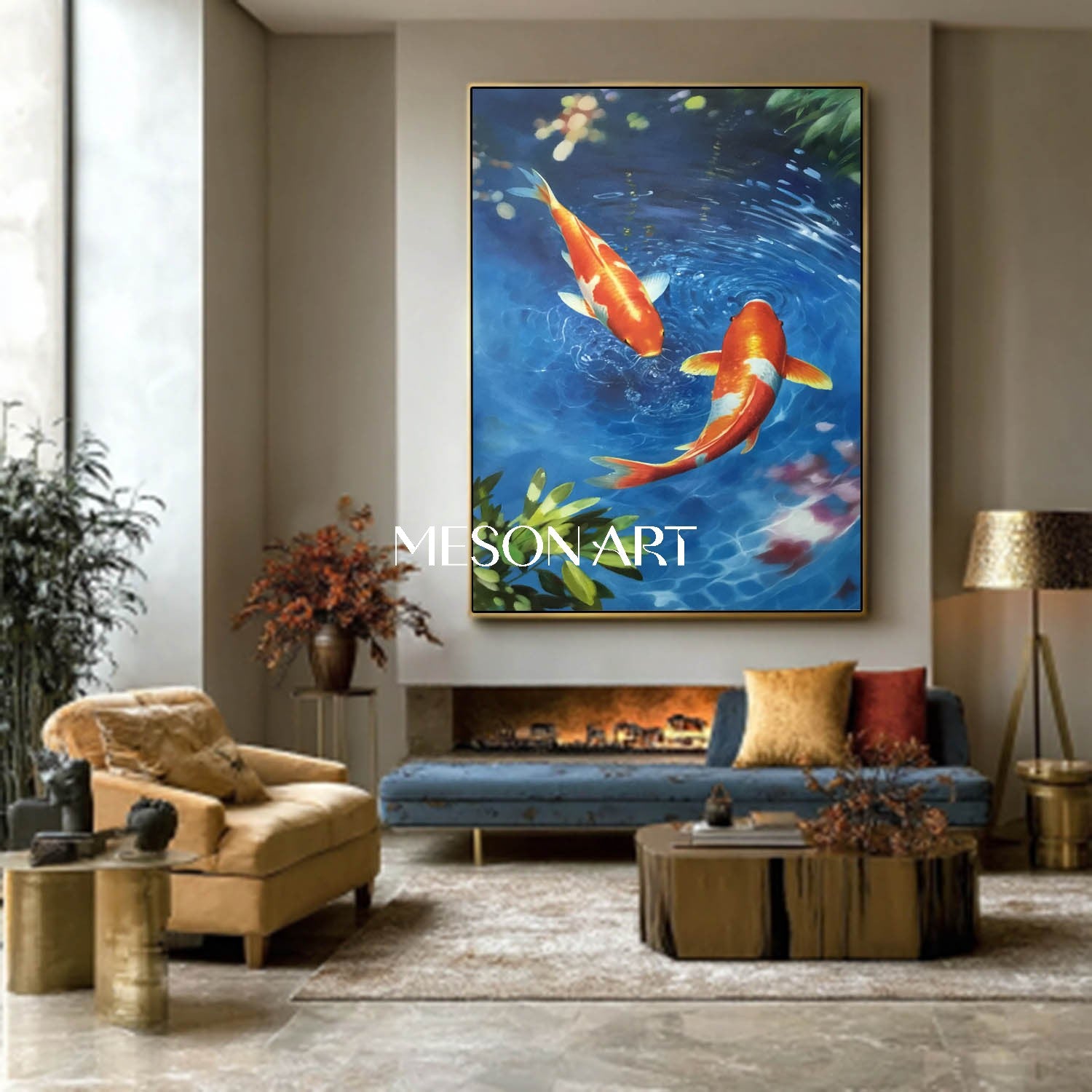 Hand-Painted Vertical Koi Fish Framed Canvas Blue Water Wall Art 
