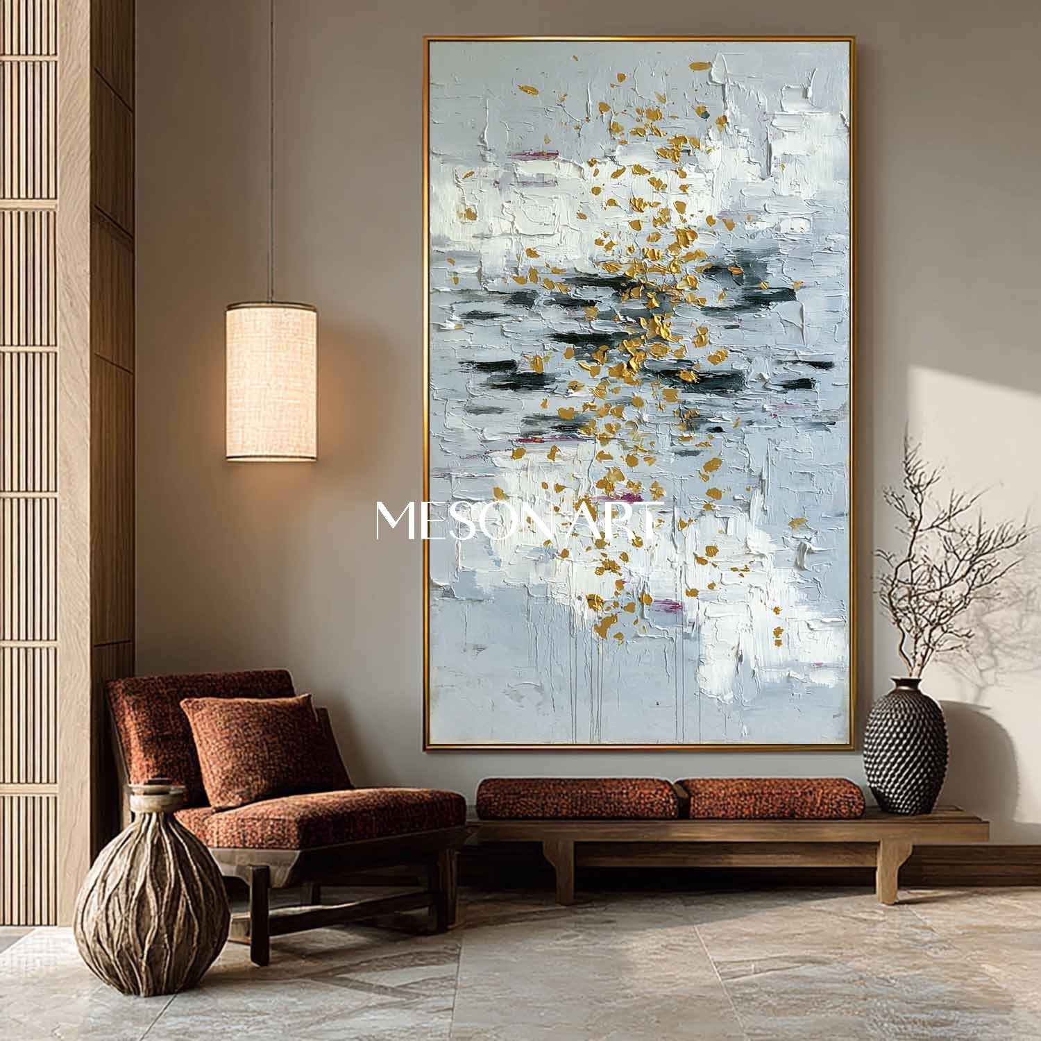 Vertical Abstract Wall Art Blue Gold Accents Large Textured Painting