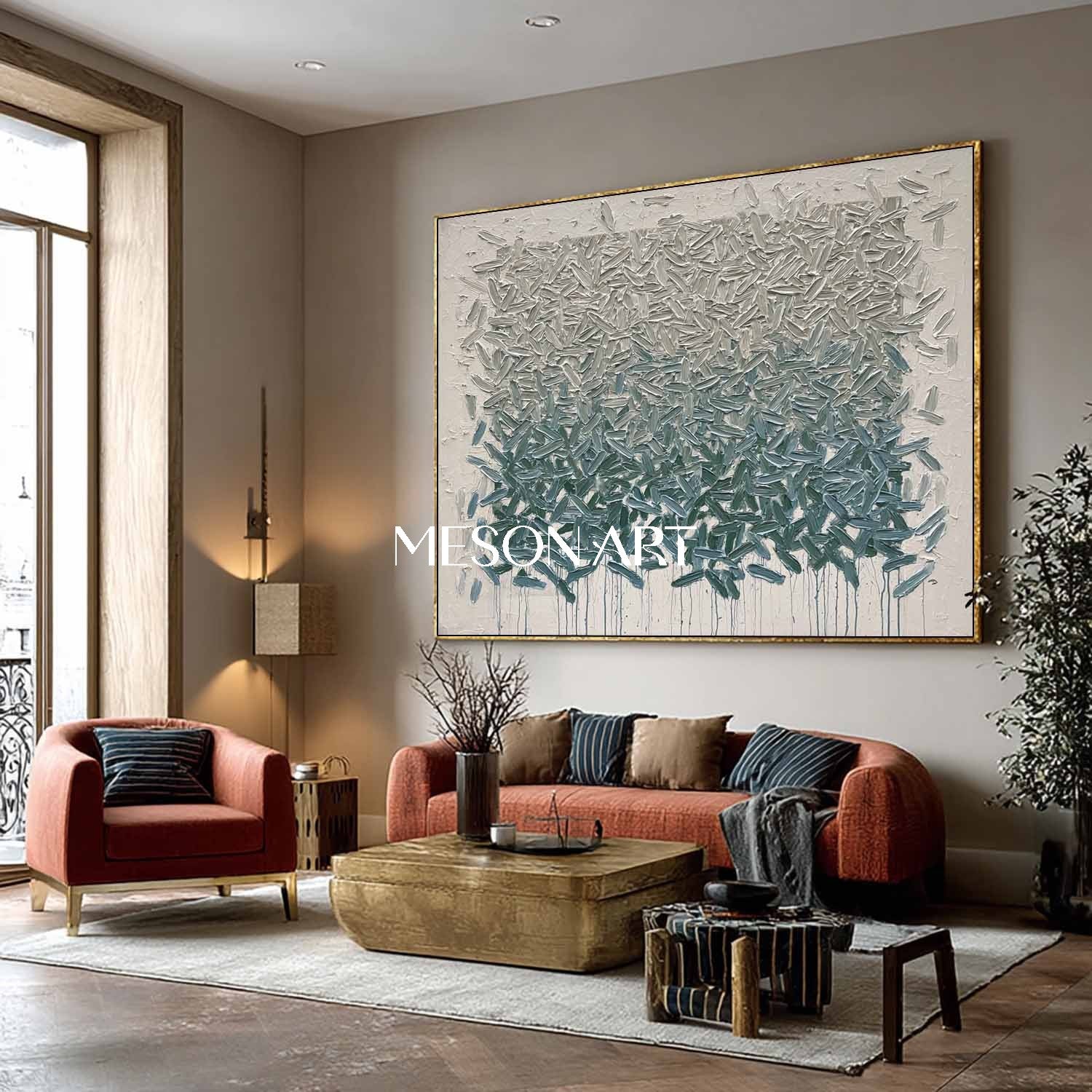 Horizontal Abstract Canvas Painting Grey Blue-Green Textured Wall Art