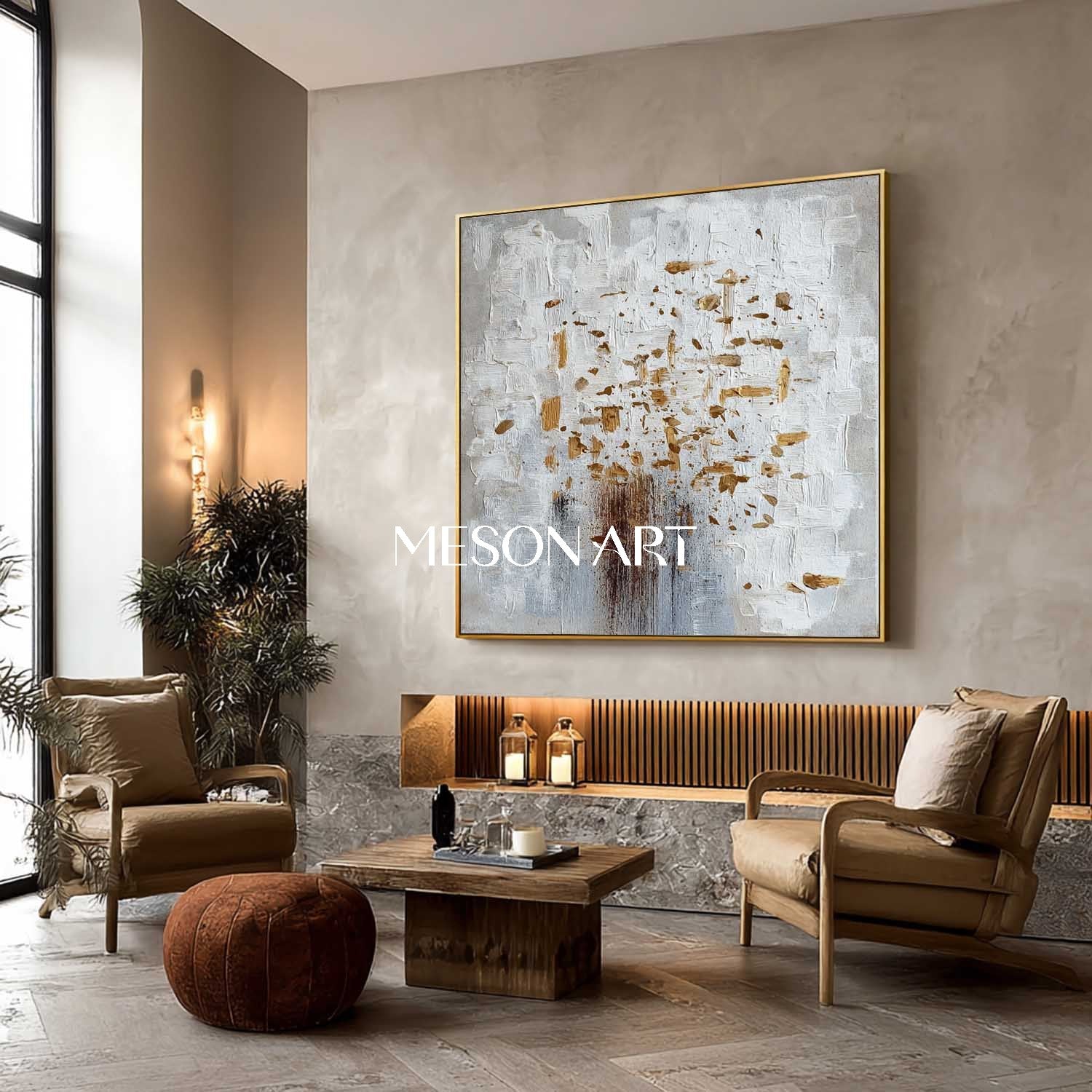 Abstract Canvas Painting White Grey Gold Texture Minimalist Home Decor