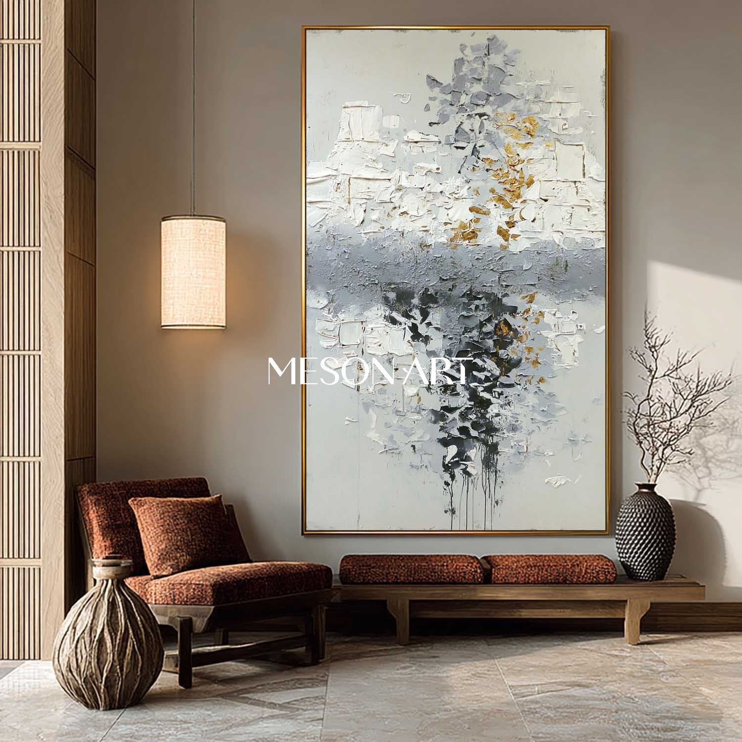 Vertical Abstract Painting Grey White Gold Textured Canvas Wall Decor