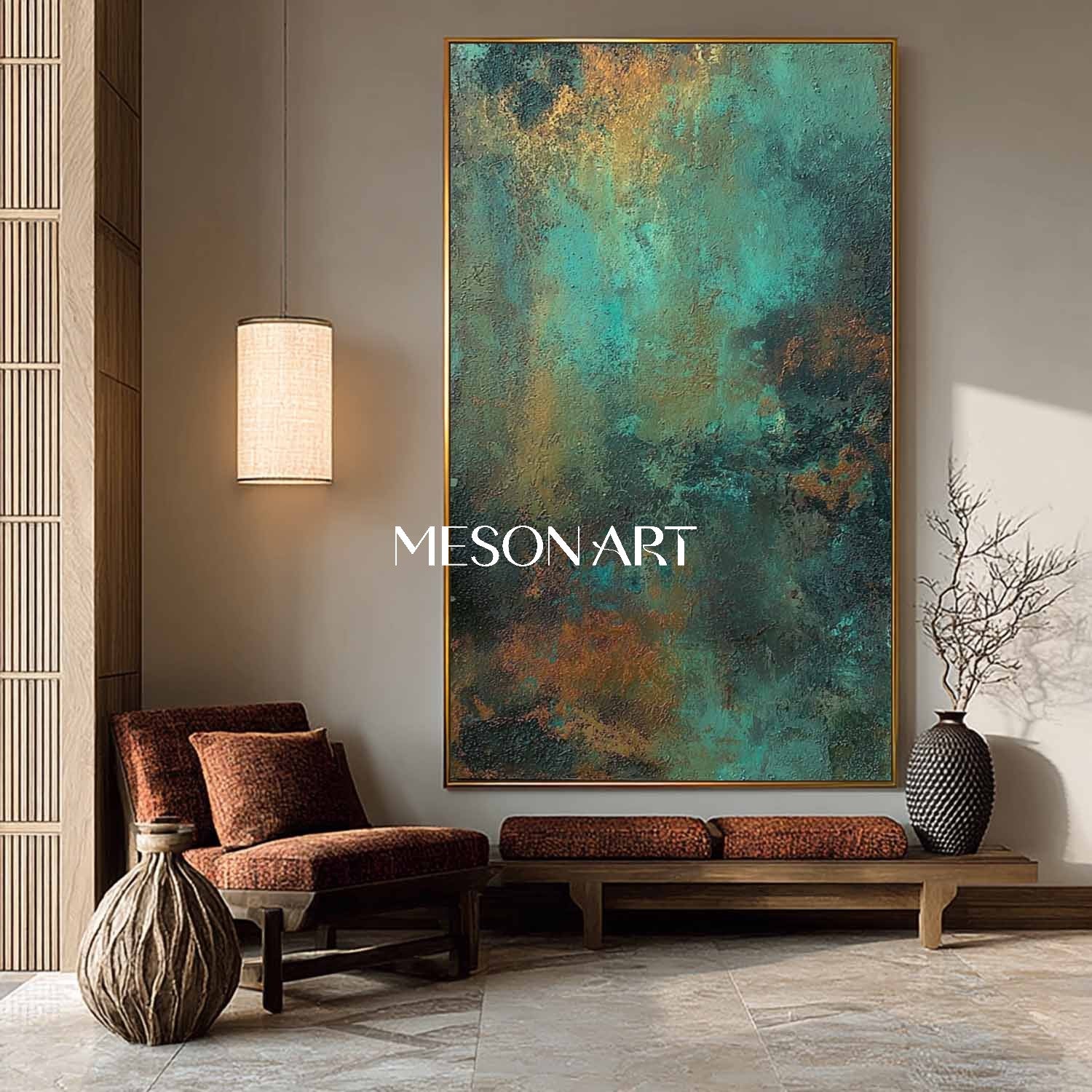 Large Green and Bronze Abstract Art for  50” x 100” Hallway or Corridor Wall Decoration 