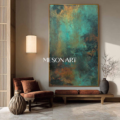 Large Green and Bronze Abstract Art for  50” x 100” Hallway or Corridor Wall Decoration 