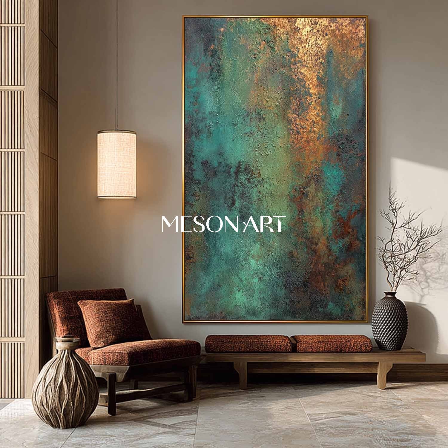 Large Green and Bronze Abstract Art Canvas On Sale Entryway Wall Decor