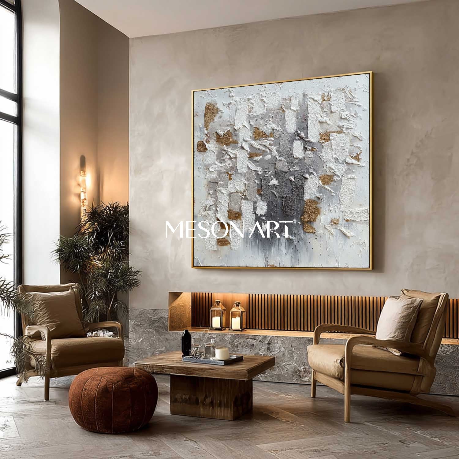 Geometric Abstract Wabi-Sabi Painting Textured White Grey Gold Canvas