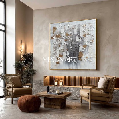 Geometric Abstract Wabi-Sabi Painting Textured White Grey Gold Canvas