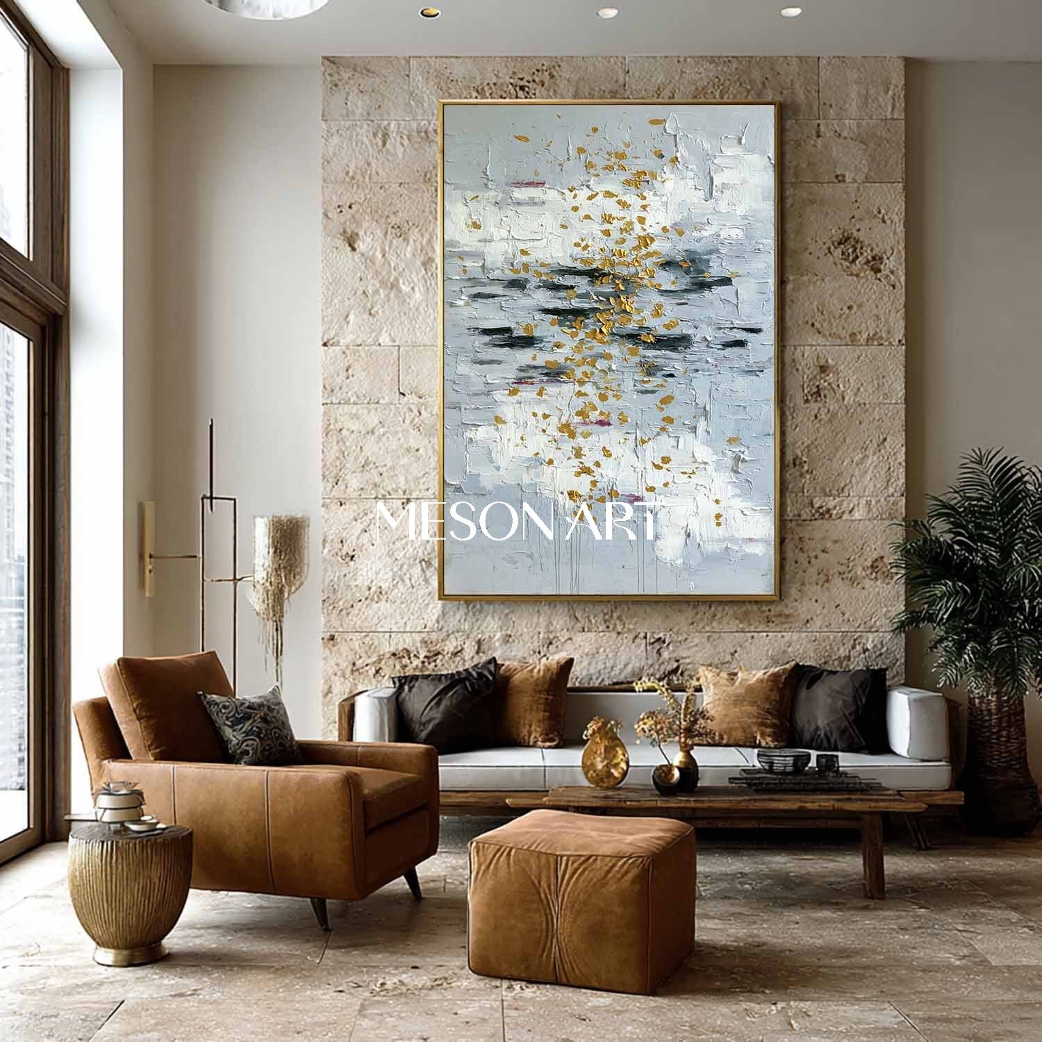 Vertical Abstract Wall Art Blue Gold Accents Large Textured Painting